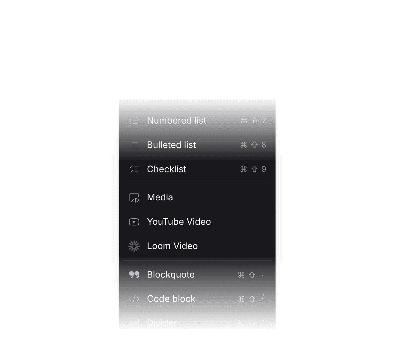 Editor menu with formatting options like headings, lists, media, and code blocks