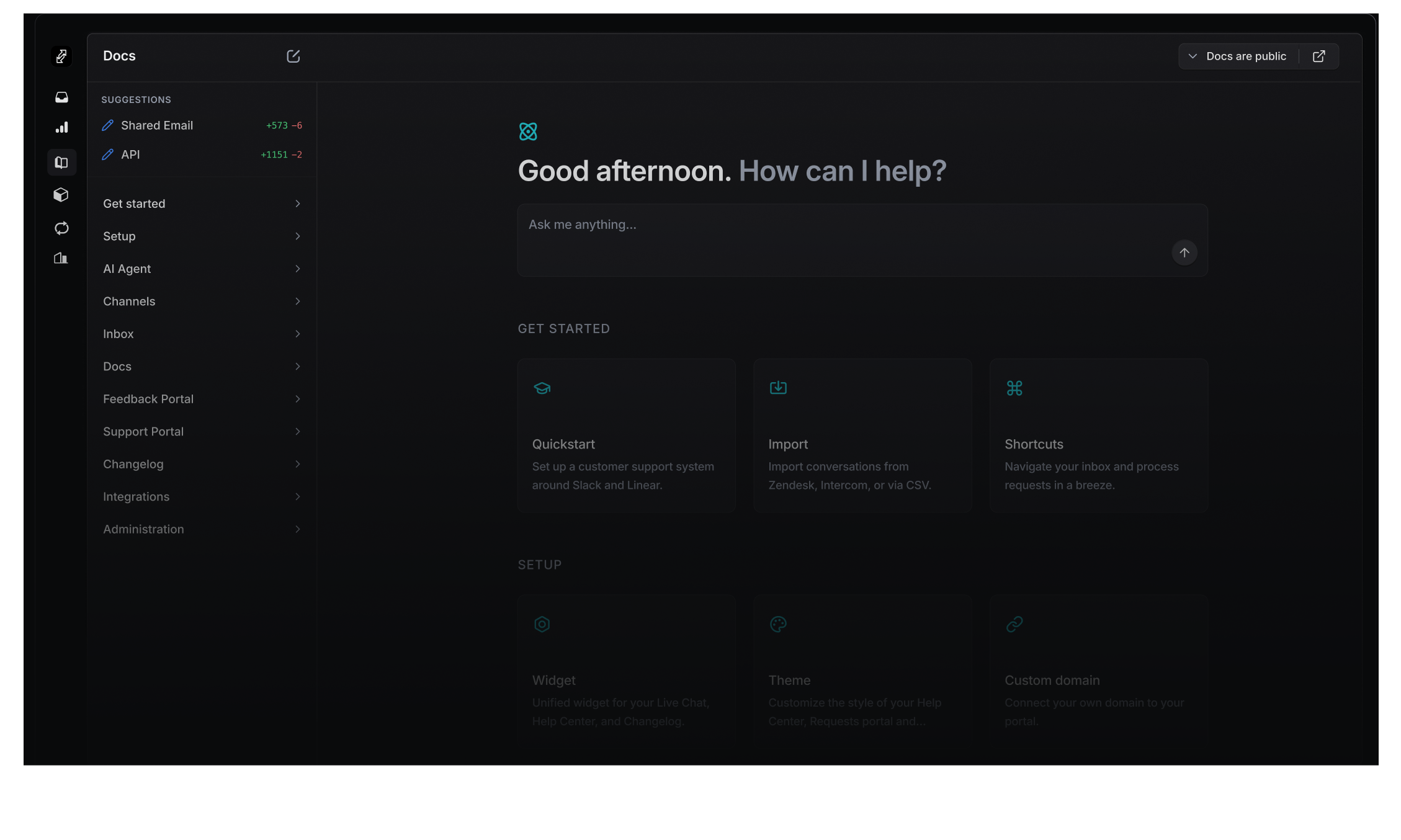 Self-updating help center with AI Ask anything bar, sidebar navigation, and getting-started cards